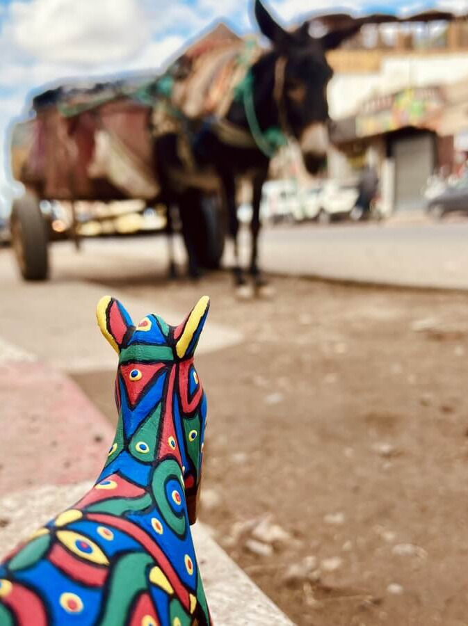 A little painted wooden donkey looking at a real donkey pulling a cart in the Medina of Marrakech